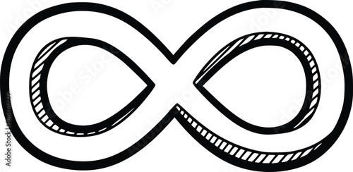 black and white infinity loop doodle. vector illustration with a hand-drawn style using solid black fills to create sketchy outlines and inner hatch shading