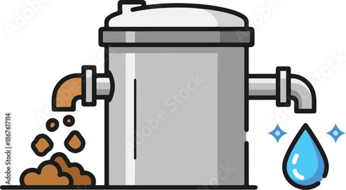 Water purification system filtering dirty water into clean drops.