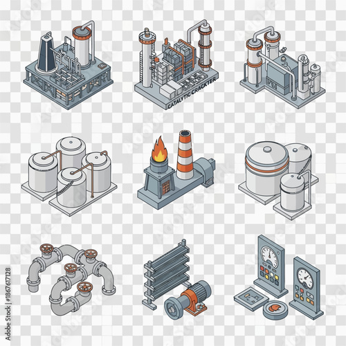 Industrial Equipment and Machinery Icons Set.