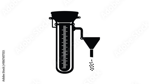 Black silhouette of a laboratory measuring cylinder with a funnel pouring particles on a isolated on white background