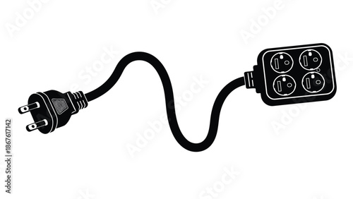Black electrical power cord with four socket extension flat design isolated on white background