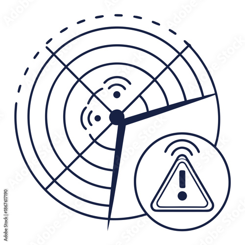 Navy blue threat monitoring radar with warning sign