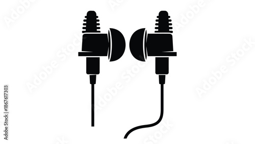 Black silhouette of wired earbuds with microphone on , minimalist flat design isolated on white background