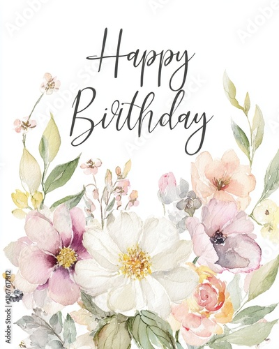 Happy Birthday Greeting Card with Floral Soft Pastel Design