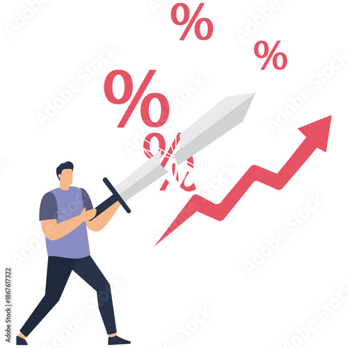 Flat vector style illustration of businessman using sword to cut rising interest rate or inflation financial struggle resistance and economic battle stock illustration