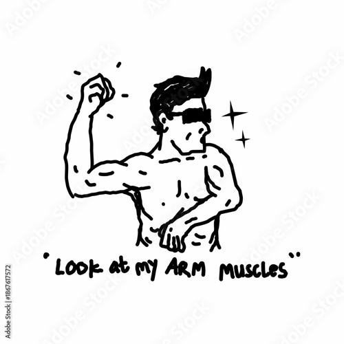 Muscular man illustration in bold hand-drawn line art with humorous text, perfect for gym apparel, fitness posters, stickers, and social media graphics