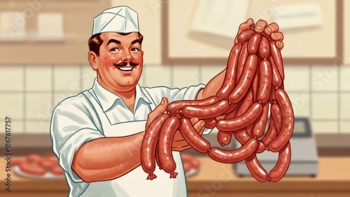 Happy smiling butcher showing fresh sausage links. Meat business concept for food industry and delicatessen shop. Cooked meat product promotion.
