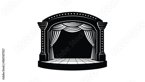 Theatrical stage silhouette with curtains and columns isolated on white background