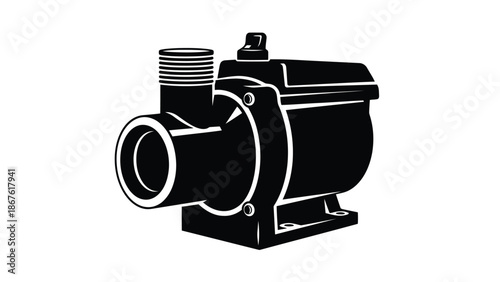 Black silhouette of an industrial water pump with a cylindrical outlet and rectangular body on a isolated on white background