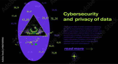 Triangle containing a multicolored pixelated eye, surrounded by scattered data points and numerical values in neon style. Conceptual vector illustration for cybersecurity, data privacy.