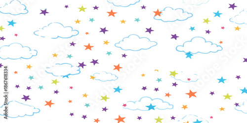 Colorful birthday celebration background with pink hearts and confetti and balloons and party streamers featuring a seamless floral pattern and butterfly vector illustration for a holiday card design