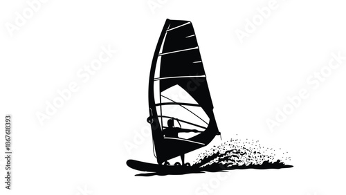 Black silhouette of a windsurfer on water sports action scene flat design isolated on white background