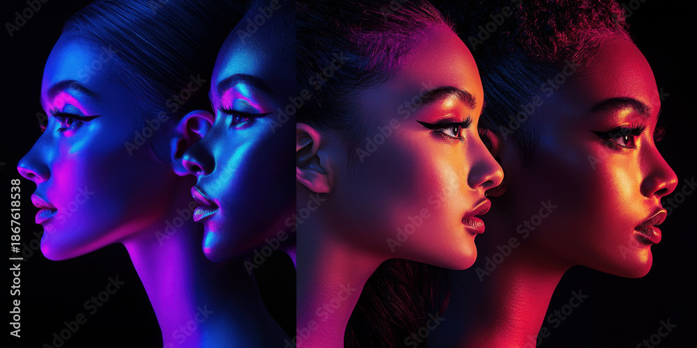Naklejka premium Woman's face with different colored lights on it against a dark background. Commercial illustration artwork. Illustration. High-resolution. High-res. Premium quality. Premium. Professional grade.