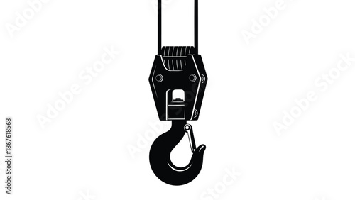 Black silhouette of a hook and block pulley system isolated on white background