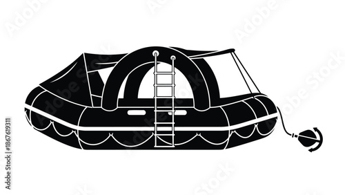 Black silhouette of inflatable rescue boat with ladder isolated on white background