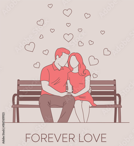 Romantic flat design illustration depicting a loving couple sitting closely on a park bench with hearts floating above them symbolizing eternal affection