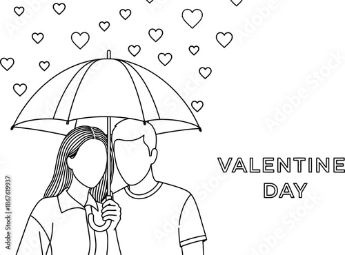Romantic line art illustration of a loving couple sharing an umbrella under a shower of hearts for Valentines Day celebration