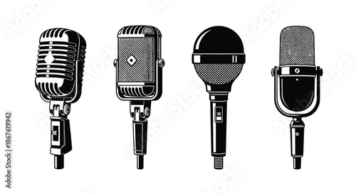 A collection of vintage and modern microphones in a black and white style