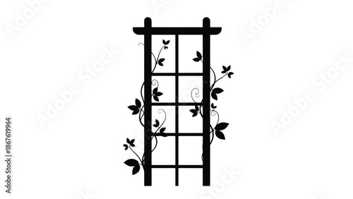 Black silhouette of a trellis with climbing vines and leaves against a isolated on white background
