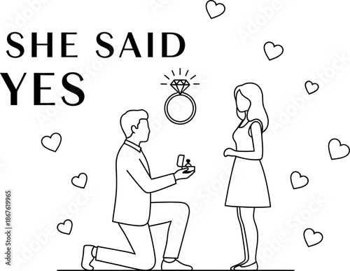 Romantic proposal illustration with a man on one knee presenting an engagement ring to a woman under She Said Yes text surrounded by floating hearts symbolizing love and commitment