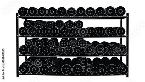 Yoga mat storage rack silhouette with multiple rows of rolled up mats isolated on white background