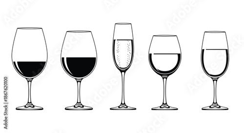 Five wine glasses with varying liquid levels showcasing different fill amounts
