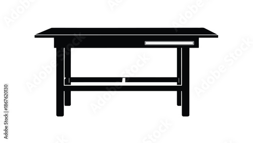 Black silhouette of a simple table with rectangular top and flat legs isolated on white background