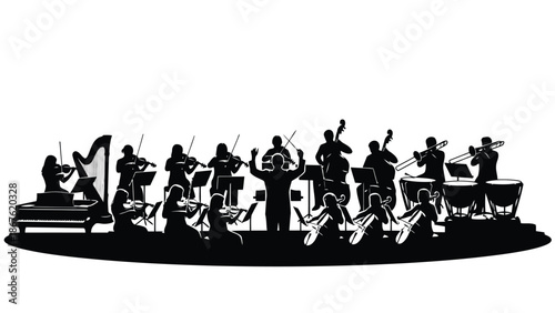 Black silhouette of an orchestra band performing on a isolated on white background