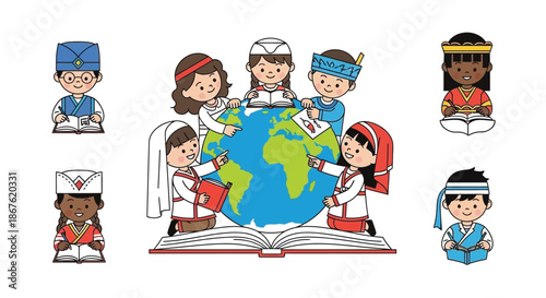 Children from around the world gather around a globe and open book