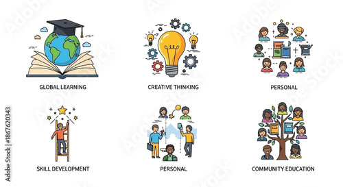 Icons representing education learning innovation and people working together