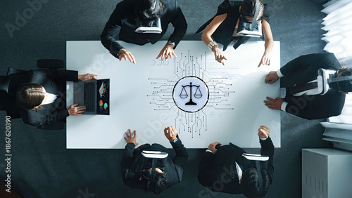 Foto A unique perspective of legal professionals engaged in a futuristic meeting, utilizing virtual reality technology to explore new ideas and solutions in law and justice