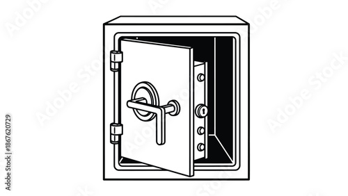 Open safe box with ajar door showing empty interior, flat illustration isolated on white background