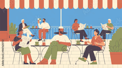 People sitting at outdoor cafe tables reading newspapers and drinking coffee