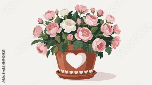 Pink and white flowers in a heart shaped terracotta pot with saucer