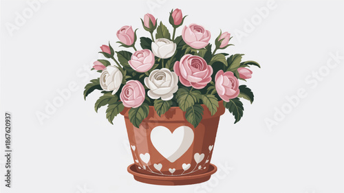 Pink and white roses in a heart decorated pot
