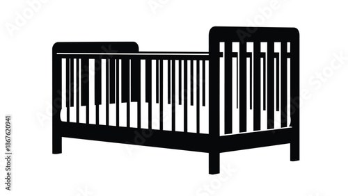 Black silhouette of a baby crib against a isolated on white background