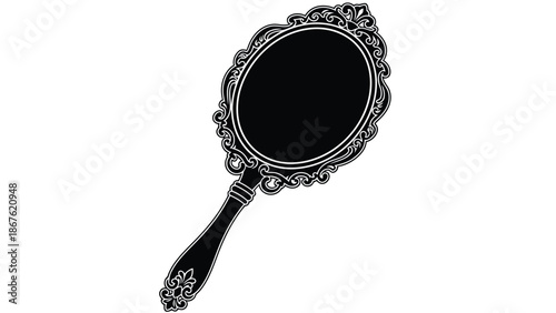 Ornate handheld mirror silhouette with floral handle and decorative frame isolated on white background