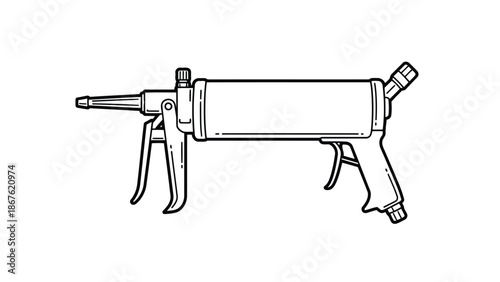 Black and white line drawing of a caulk gun with nozzle and handle isolated on white background