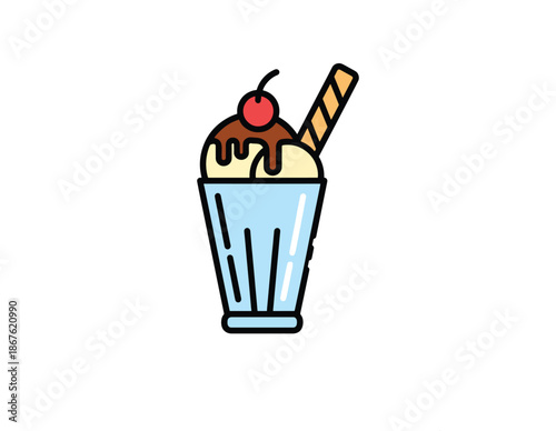 Ice Cream Sundae Vector Illustration with Chocolate, Cherry and Whipped Cream Toppings