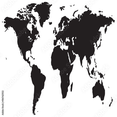 black silhouette of the world map continents on white background