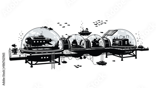 Futuristic underwater base with domes and ships, black silhouette on , illustration isolated on white background