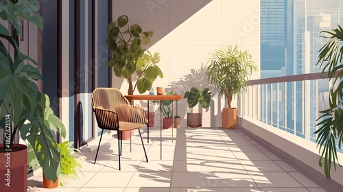 Peaceful Urban Balcony with Plants and Minimal Outdoor Furniture at Sunrise