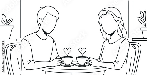 Young romantic couple enjoying steaming coffee on a loving date in a cozy cafe or home setting line art illustration