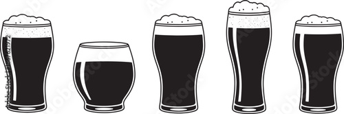 Set of beer glass and pint silhouettes with foam, hand drawn line art of craft beer glasses for bar menu design, restaurant branding and brewery icons.