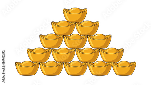 Chinese gold ingots (sycee) flat vector illustration arranged in pyramid on white background