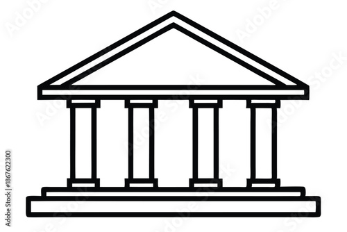 A clean, modern black and white bank building icon, representing finance and corporate services, on a white canvas.