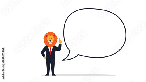Professional lion in a suit stands next to a large empty speech bubble waiting for your own text or important message.