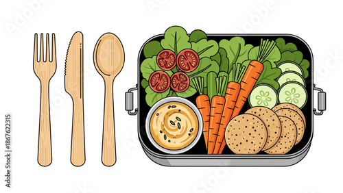 Vegan lunch in metal lunch box flat vector illustration with reusable cutlery on white background