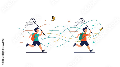 Two young boys wearing safari gear and backpacks run through a grassy field with nets trying to catch butterflies in nature.