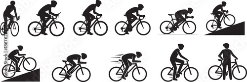 Vector silhouette icon set of cyclist action poses showing uphill riding sprinting standing on pedals braking and resting cycling motion illustration